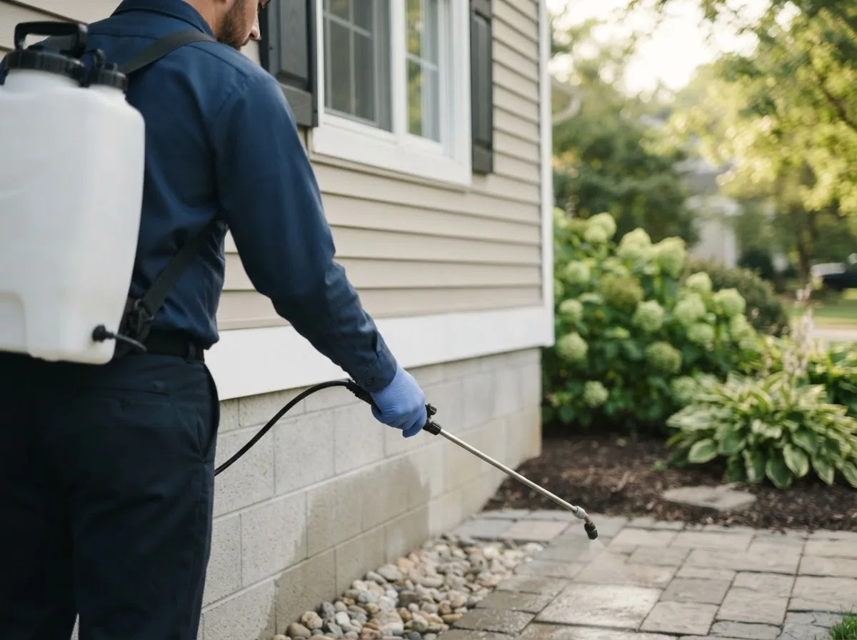 Pest control technician inspecting a home in Sabula, IA